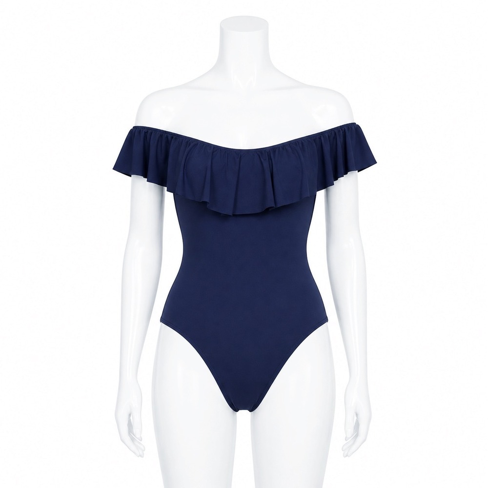 Trina Turk Off The Shoulder Ruffle One Piece Swimsuit Women's 2 Navy Blue Resort